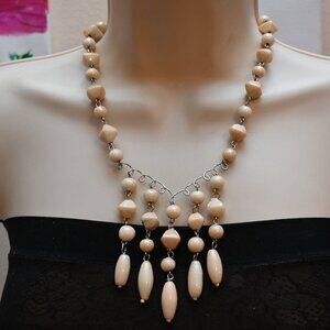 Boho Artisan Beige Ceramic Glass Beads Dangle Drop Wire Work Bib Necklace